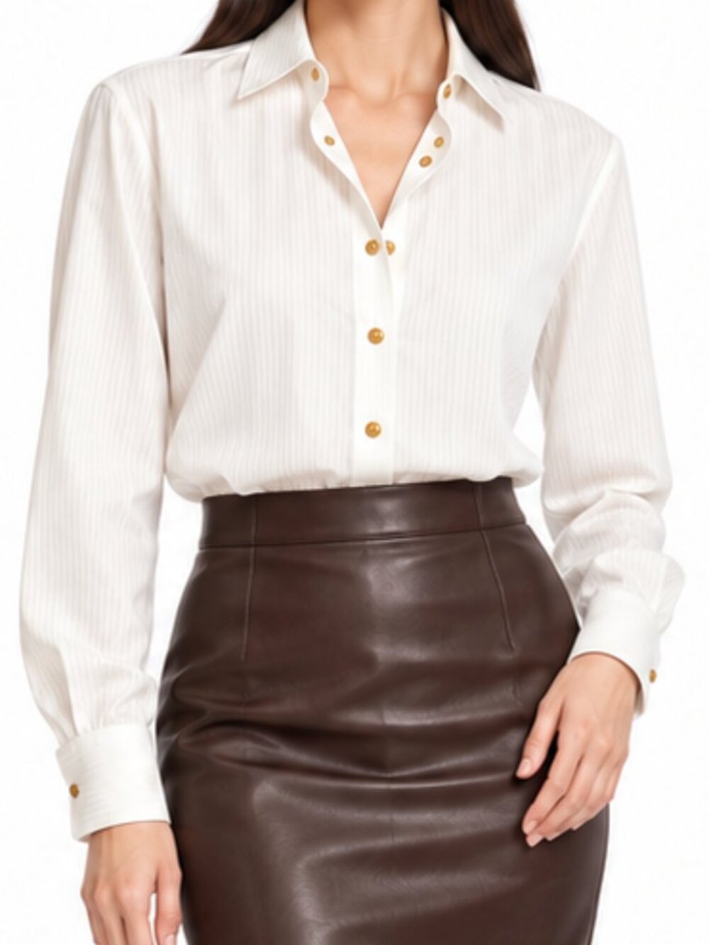 Escada Elements White Cotton Tonal Stripe Gold Button Blouse Shirt Size 34/4